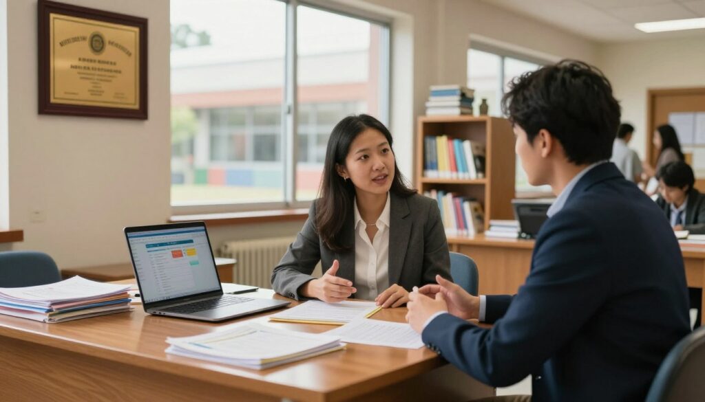 A professional school director’s office, showcasing a polished wooden desk cluttered with educational materials, a laptop displaying school management software, and framed awards on the walls. In the foreground, a well-dressed woman in a business suit discusses with a colleague, both appearing engaged in serious conversation about educational strategies. In the middle ground, large windows let in warm, natural light, illuminating a bookshelf filled with educational books and resources. In the background, a soft-focus view of a bustling school hallway is visible, with students and teachers interacting, creating an atmosphere of leadership and collaboration in education. The overall mood is one of professionalism, aspiration, and dedication to the educational field. A professional school director’s office, showcasing a polished wooden desk cluttered with educational materials, a laptop displaying school management software, and framed awards on the walls. In the foreground, a well-dressed woman in a business suit discusses with a colleague, both appearing engaged in serious conversation about educational strategies. In the middle ground, large windows let in warm, natural light, illuminating a bookshelf filled with educational books and resources. In the background, a soft-focus view of a bustling school hallway is visible, with students and teachers interacting, creating an atmosphere of leadership and collaboration in education. The overall mood is one of professionalism, aspiration, and dedication to the educational field.