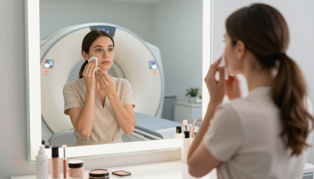 A professional setting depicting a woman preparing for a head MRI scan, standing in front of a mirror with soft, diffused lighting. She is dressed in a modest, professional outfit, ensuring no metal accessories are visible. The foreground features her carefully removing makeup with gentle cleansing wipes, showcasing her focused expression. In the middle, the vanity table displays various makeup products neatly arranged, underscoring the theme of preparation. The background hints at a medical office with a calming color scheme, creating an atmosphere of tranquility and professionalism. The angle captures her reflection alongside the tidy environment, emphasizing the importance of avoiding makeup for the procedure while maintaining a sense of calm and composure. A professional setting depicting a woman preparing for a head MRI scan, standing in front of a mirror with soft, diffused lighting. She is dressed in a modest, professional outfit, ensuring no metal accessories are visible. The foreground features her carefully removing makeup with gentle cleansing wipes, showcasing her focused expression. In the middle, the vanity table displays various makeup products neatly arranged, underscoring the theme of preparation. The background hints at a medical office with a calming color scheme, creating an atmosphere of tranquility and professionalism. The angle captures her reflection alongside the tidy environment, emphasizing the importance of avoiding makeup for the procedure while maintaining a sense of calm and composure.