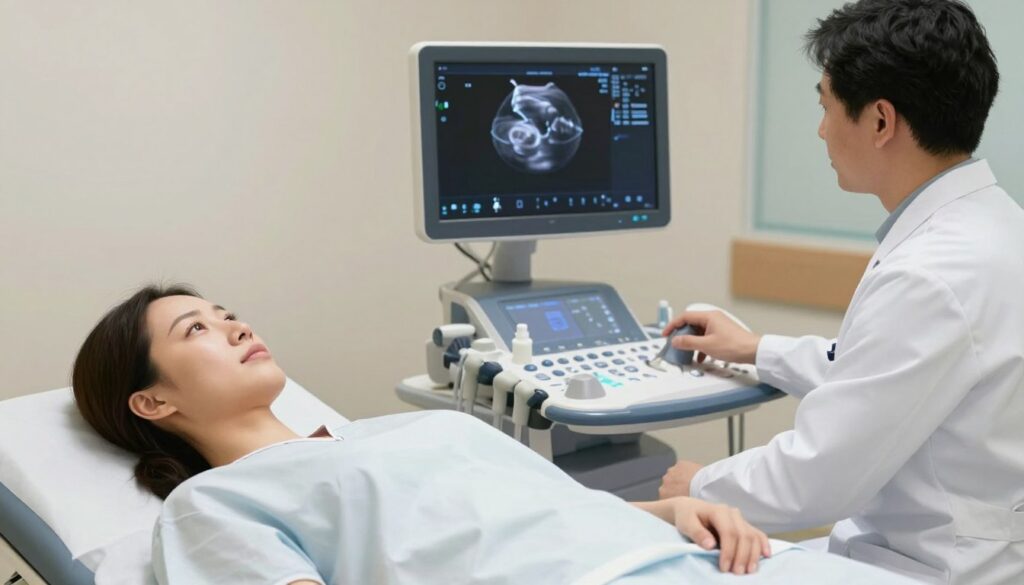 A professional setting illustrating a breast ultrasound examination. In the foreground, a female patient, dressed in a modest hospital gown, lies comfortably on an examination table. A healthcare professional, in a lab coat, is attentively operating an ultrasound machine, focusing on the monitor displaying live images of the breast scan. In the middle ground, medical tools and ultrasound gel are neatly arranged on a nearby tray. The background features a soft, sterile hospital environment with gentle lighting that creates a calm and reassuring atmosphere. The overall mood emphasizes professionalism and care in the context of medical examinations. The image conveys a sense of trust and relevancy to the topic of the costs and factors influencing breast ultrasound exams. A professional setting illustrating a breast ultrasound examination. In the foreground, a female patient, dressed in a modest hospital gown, lies comfortably on an examination table. A healthcare professional, in a lab coat, is attentively operating an ultrasound machine, focusing on the monitor displaying live images of the breast scan. In the middle ground, medical tools and ultrasound gel are neatly arranged on a nearby tray. The background features a soft, sterile hospital environment with gentle lighting that creates a calm and reassuring atmosphere. The overall mood emphasizes professionalism and care in the context of medical examinations. The image conveys a sense of trust and relevancy to the topic of the costs and factors influencing breast ultrasound exams.