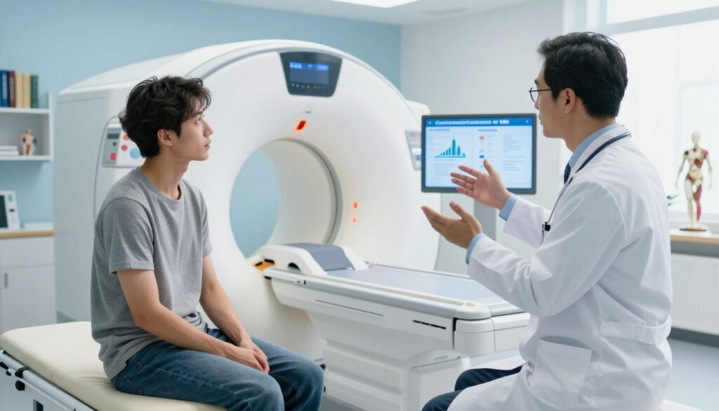 A professional, well-lit medical consultation scene in a hospital setting. In the foreground, a concerned patient, a young adult, sits on an examination table, wearing modest, casual clothing, looking up at a doctor. The doctor, in a white lab coat, gestures towards a digital screen displaying an infographic titled "Contraindications for MRI." In the middle, a clear view of a modern MRI machine can be seen, positioned in a bright, clean room with blue and white tones that convey a calm atmosphere. The background features shelves with medical books and anatomical models, adding depth to the scene. Soft, diffused lighting enhances the professional mood, while a slight depth of field brings focus to the interaction between the patient and the doctor.
