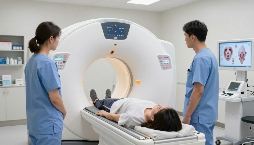 A professionally designed medical imaging room, featuring an MRI machine with a focus on the importance of contrast in resonance imaging. In the foreground, medical professionals in scrubs prepare a patient lying on the MRI table, ensuring safe and careful handling. The middle section showcases the sleek and modern MRI machine, illuminated with soft clinical lighting that enhances the sterile atmosphere. In the background, shelves with medical supplies and a digital display showcasing anatomical images highlight the advanced technology used in the procedure. The entire scene is bright and clean, conveying a sense of safety and professionalism, while ensuring the mood is calm and reassuring for patients preparing for their imaging.