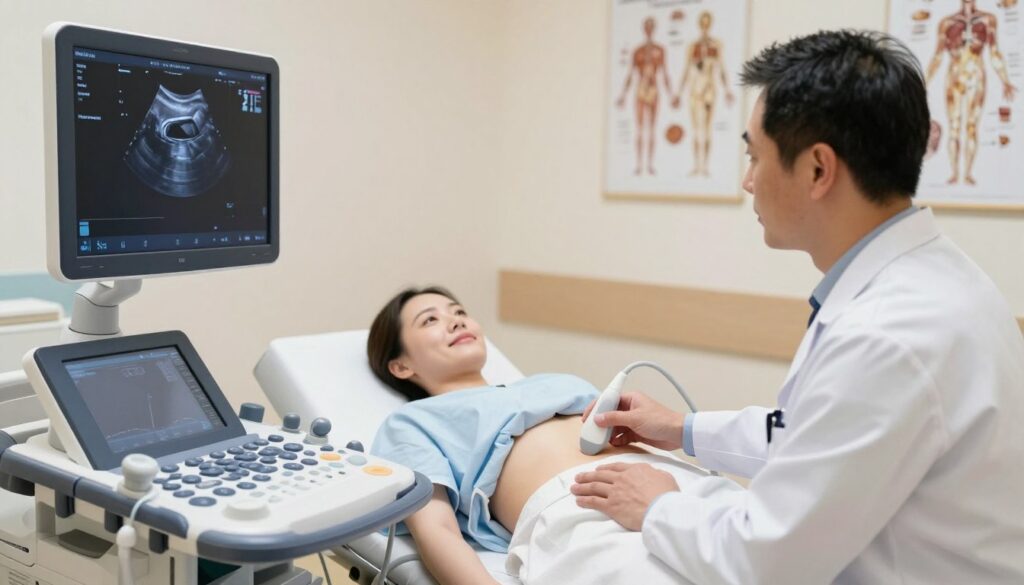 A proficient healthcare professional performing an abdominal ultrasound (USG) in a modern medical setting. In the foreground, focus on a doctor in professional attire, gently guiding a transducer over a patient’s abdomen, showcasing the ultrasound monitor displaying clear images of internal organs. In the middle, the patient, dressed in a comfortable, modest hospital gown, appears relaxed and confident, lying on an examination table, with medical equipment neatly arranged around them. The background features soft, diffused lighting that creates a calming atmosphere, with anatomical charts on the walls and soft, pastel colors to enhance the feeling of professionalism and care. Capture the scene from a slight angle to highlight both the interacting subjects and the ultrasound equipment clearly, emphasizing the context of a medical examination.