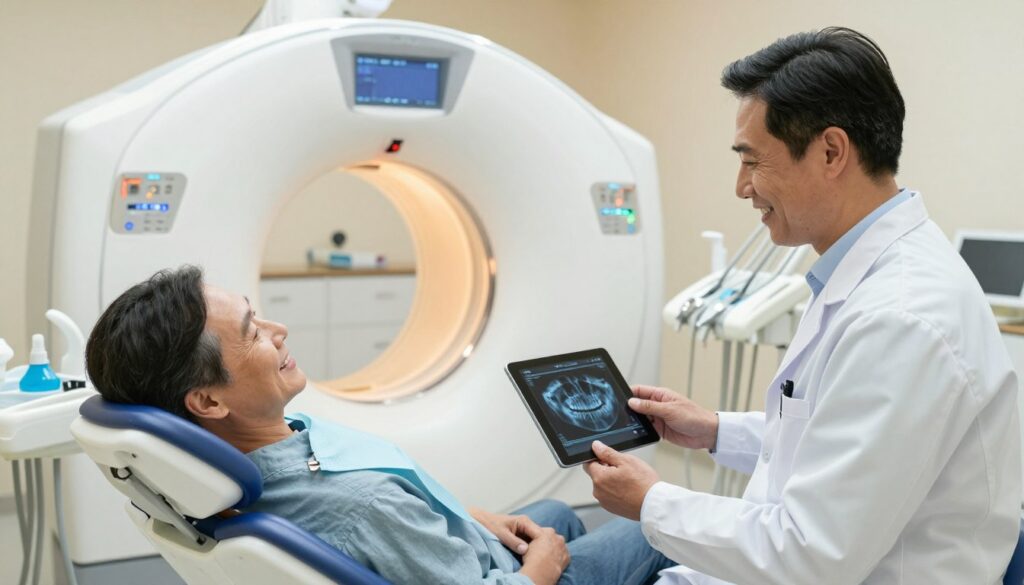 A scene depicting a patient receiving immediate results from a dental CBCT scan in a modern clinic. In the foreground, a middle-aged patient looks relieved and hopeful, seated on a dental chair, while a professional dentist in a white coat reviews scan results on a tablet with a satisfied expression. In the middle ground, the high-tech CBCT machine glows softly, highlighting its intricate design. The background features a clean, well-lit dental office with calming colors and organized dental tools. The lighting is bright yet soft, creating an inviting atmosphere. The camera angle is slightly above eye level, giving a comprehensive view of the interaction and emphasizing the technology's role in immediate patient care. The overall mood is reassuring and professional, showcasing the efficiency of modern dental practices.