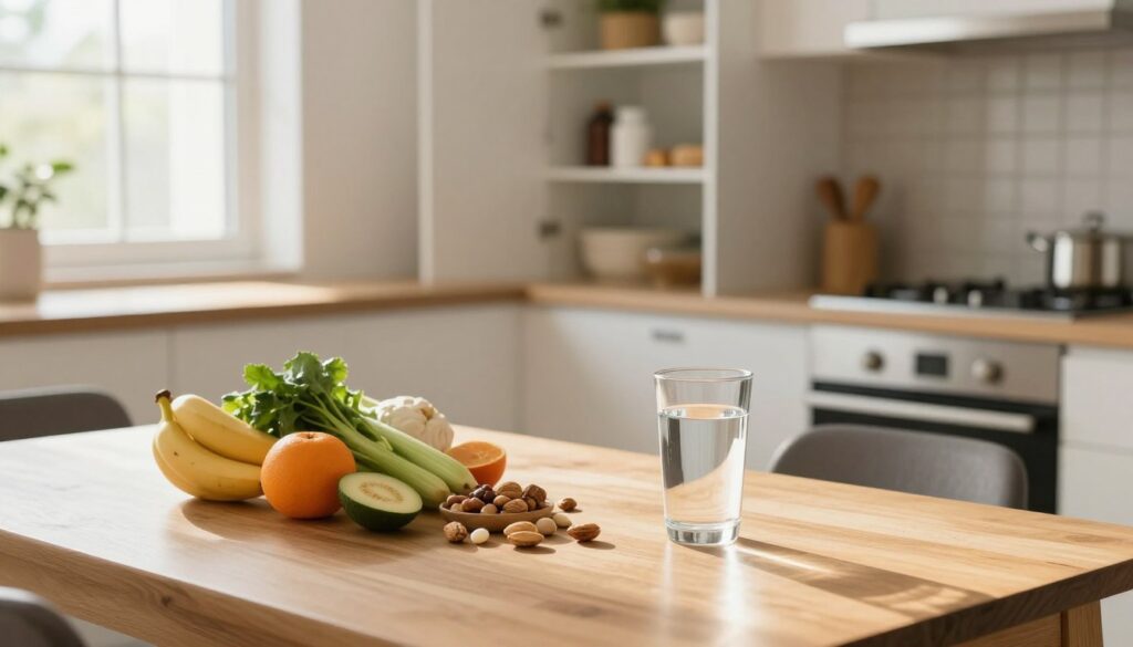 A serene and clean kitchen set in a bright, inviting space, illustrating the concept of fasting before a contrast-enhanced tomography. In the foreground, a neatly arranged wooden table displays a variety of healthy, light foods like fruits, vegetables, and nuts. A glass of water is prominently placed, symbolizing hydration. The middle ground features a modern kitchen setup with an open pantry, showcasing a few dietary supplements and healthy snacks. In the background, warm sunlight streams in through a window, creating a calming atmosphere. The overall mood is one of preparation, health, and tranquility, emphasizing the importance of dietary choices. The image is well-lit, with soft shadows, and captured from a slightly elevated angle to provide depth. A serene and clean kitchen set in a bright, inviting space, illustrating the concept of fasting before a contrast-enhanced tomography. In the foreground, a neatly arranged wooden table displays a variety of healthy, light foods like fruits, vegetables, and nuts. A glass of water is prominently placed, symbolizing hydration. The middle ground features a modern kitchen setup with an open pantry, showcasing a few dietary supplements and healthy snacks. In the background, warm sunlight streams in through a window, creating a calming atmosphere. The overall mood is one of preparation, health, and tranquility, emphasizing the importance of dietary choices. The image is well-lit, with soft shadows, and captured from a slightly elevated angle to provide depth.
