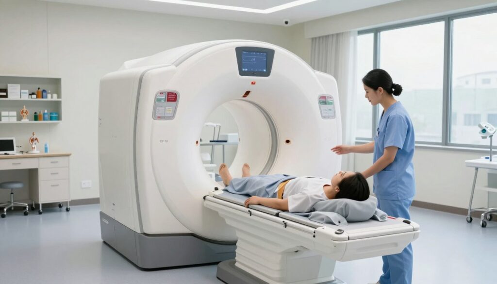 A serene and clinical open MRI room, showcasing a spacious and comfortable open MRI machine at the center. The foreground features a patient, dressed in modest hospital attire, calmly lying on the examination bed, with a supportive medical technician beside them, explaining the procedure in a reassuring manner. Soft, natural lighting flows through large windows, creating a calm atmosphere. In the background, shelves filled with medical supplies and anatomical models enhance the healthcare setting. The overall mood is peaceful and reassuring, emphasizing a stress-free experience for patients undergoing the MRI. The image should capture the clarity and detail of the open MRI machine, focusing on the safety and comfort aspects of the examination process.