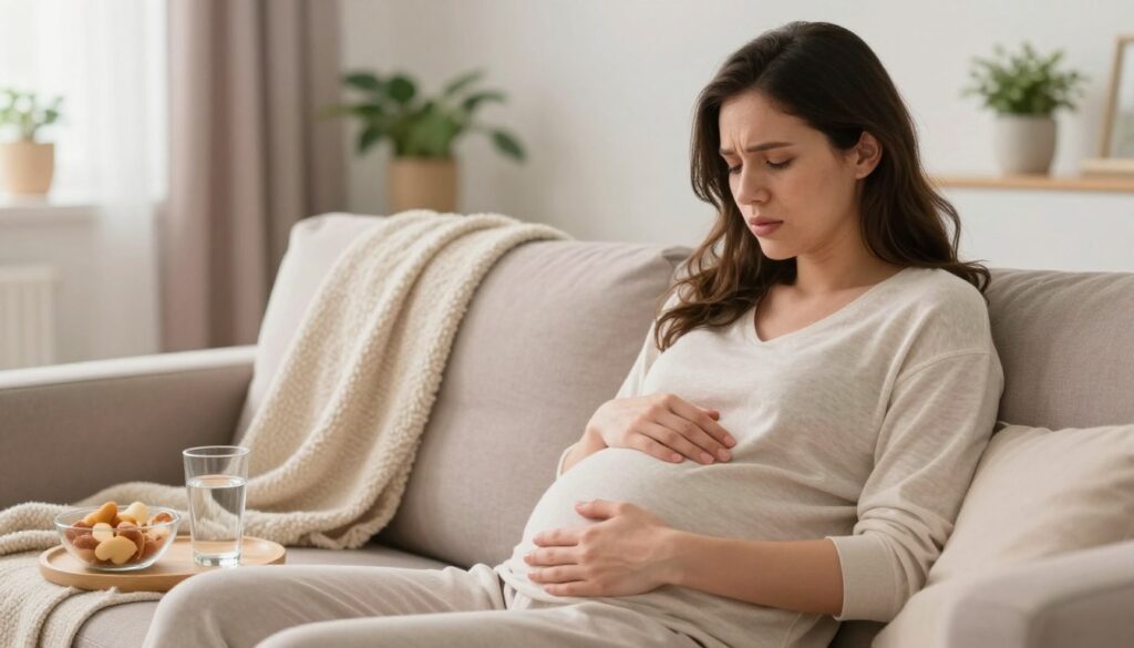 A serene and comforting scene depicting a pregnant woman at eight weeks gestation, capturing her experience with pregnancy symptoms. In the foreground, the woman sits on a cozy sofa, gently cradling her belly, wearing light, comfortable clothing. Her expression should show a mixture of wonder and slight discomfort, reflecting typical early pregnancy feelings. In the middle ground, elements like a soft throw blanket, a glass of water, and healthy snacks indicate self-care practices. The background features a softly lit room with pastel colors, houseplants, and gentle lighting from a nearby window, creating a peaceful atmosphere. The mood should feel nurturing and supportive, illustrating the journey of motherhood. The angle should be slightly elevated, emphasizing comfort and intimacy.
