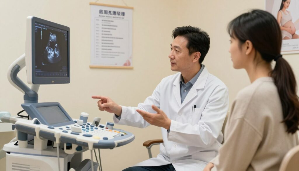 A serene and informative healthcare setting, depicting a doctor's office where a medical professional, dressed in a white lab coat, is explaining ultrasound recommendations to a patient, who is seated at a desk. In the foreground, a detailed ultrasound machine is visible, showcasing a screen displaying a fetal image. The middle features a wall with a chart outlining ultrasound guidelines in Poland during a normal pregnancy, with visible text but no captions. The background highlights calming colors, soft lighting, and medical posters emphasizing maternity care. The atmosphere is warm and supportive, illustrating trust and professionalism in prenatal healthcare. This scene should convey a sense of reassurance and expertise in pregnancy ultrasound practices.