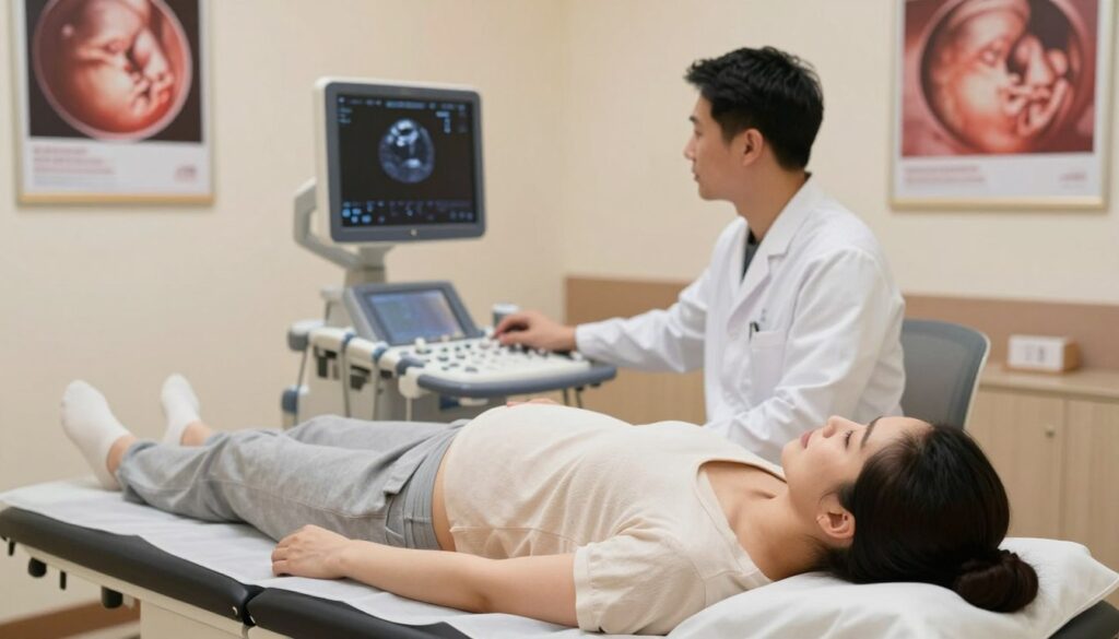 A serene and informative maternity clinic environment featuring a pregnant woman in modest, casual clothing lying peacefully on an examination table, undergoing an ultrasound scan. The technician, dressed in professional medical attire, is focused on the ultrasound machine, providing care and support. The room is softly lit, with warm, gentle lighting creating a calm atmosphere. In the background, vibrant medical posters illustrating fetal development are visible, adding educational depth to the scene. The composition captures a sense of safety and professionalism, emphasizing the importance of prenatal care. Use a shallow depth of field to keep the focus on the subjects while softly blurring the background, enhancing the mood of reassurance and expertise.