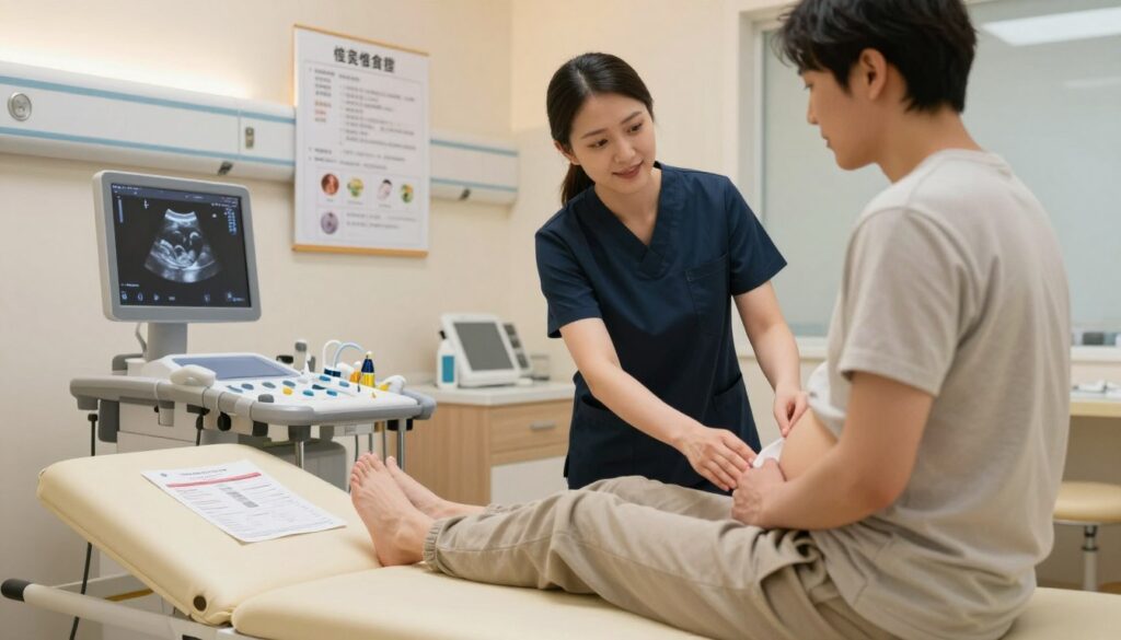 A serene and informative scene depicting the preparations for an abdominal ultrasound. In the foreground, a neatly arranged hospital preparation room features a cozy examination table, sterile medical instruments, and pamphlets about ultrasound procedures. A friendly healthcare professional, dressed in smart business attire, is guiding a patient, who is wearing modest casual clothing, through the process. The middle ground shows a chart with step-by-step instructions on how to prepare for the procedure, including details on dietary restrictions. In the background, soft lighting from overhead fixtures creates a calming atmosphere, enhancing the feeling of comfort and professionalism. The angle is slightly tilted down to focus on the interaction, emphasizing the supportive environment.