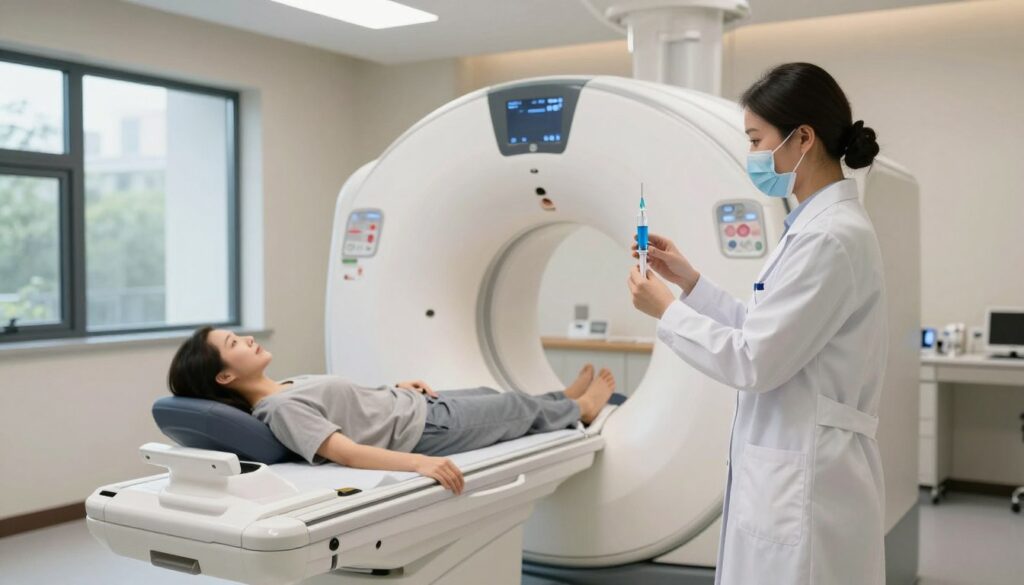 A serene and modern medical imaging room featuring a high-tech MRI machine at the center, softly illuminated by overhead lights creating a calm atmosphere. In the foreground, a well-dressed healthcare professional in a crisp white lab coat prepares a contrast agent, holding a syringe filled with a vibrant blue liquid, symbolizing contrast used in MRIs. The middle ground reveals a patient, comfortably lying on the examination table, looking relaxed and reassured. In the background, large windows let in natural light, with greenery visible outside, contributing to a tranquil ambiance. The overall mood is one of safety and comfort, emphasizing the importance of preparation for an MRI with contrast. The image should convey professionalism and care without any text or distractions. A serene and modern medical imaging room featuring a high-tech MRI machine at the center, softly illuminated by overhead lights creating a calm atmosphere. In the foreground, a well-dressed healthcare professional in a crisp white lab coat prepares a contrast agent, holding a syringe filled with a vibrant blue liquid, symbolizing contrast used in MRIs. The middle ground reveals a patient, comfortably lying on the examination table, looking relaxed and reassured. In the background, large windows let in natural light, with greenery visible outside, contributing to a tranquil ambiance. The overall mood is one of safety and comfort, emphasizing the importance of preparation for an MRI with contrast. The image should convey professionalism and care without any text or distractions.