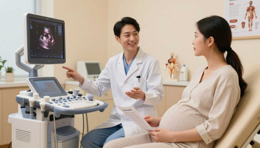 A serene and professional doctor's office setting for an ultrasound preparation scene. In the foreground, a pregnant woman in modest, comfortable clothing sits calmly on an examination table, looking reassured and focused. She holds an information brochure about the ultrasound procedure. In the middle ground, a friendly healthcare professional in professional attire is gently explaining the process, gesturing towards the ultrasound machine, which has a modern design with a clear screen displaying an early fetal image. The background includes soft, warm lighting to create a calming atmosphere, with anatomical models and medical charts adorning the walls. The overall mood is supportive and informative, capturing the essence of preparation for a medical examination.