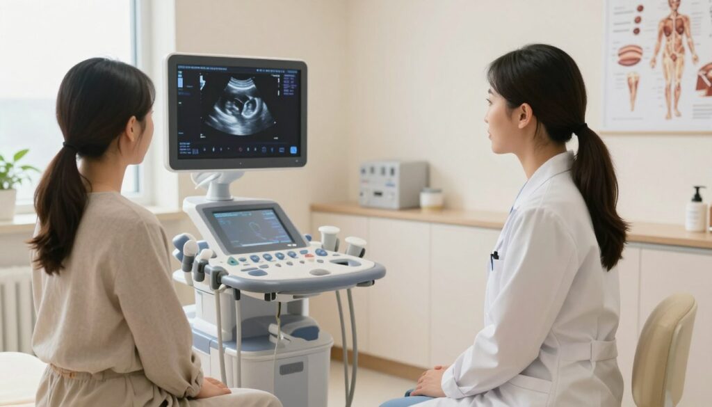 A serene and professional gynecological clinic interior, showcasing a modern ultrasound machine set up for a wellness examination. In the foreground, a female healthcare professional, dressed in a lab coat and modest attire, is attentively consulting with a patient sitting on an examination table, both displaying a sense of calm and trust. The middle ground features detailed equipment such as an ultrasound monitor displaying a graphic representation of an ultrasound image, alongside anatomical diagrams on the walls, hinting at health education. The background should be softly lit with warm, natural light filtering through a window, creating an inviting and comforting atmosphere. The overall mood is informative and supportive, emphasizing patient care and professional medical practice.