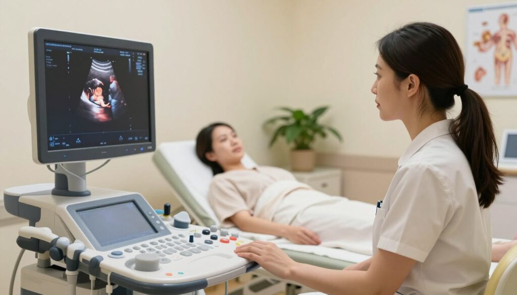 A serene and professional medical environment featuring a 2D ultrasound machine in action. In the foreground, a focused female technician in modest casual clothing is observing the monitor, displaying a clear image of a fetus at about 20 weeks gestational age. In the middle ground, a patient in a comfortable gown lies on the ultrasound table, looking relaxed and hopeful. The background contains soft lighting with muted pastel colors on the walls, enhancing a calming atmosphere. A few anatomical charts and a potted plant add to the professionalism of the setting. The overall mood conveys reassurance and clarity, ideal for illustrating the effectiveness of 2D ultrasounds, with a depth of field effect that keeps the focus on the technician and the monitor.