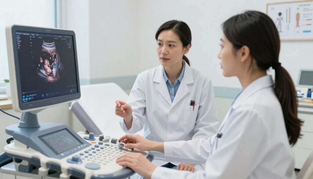A serene and professional medical environment featuring a healthcare worker using an ultrasound machine to perform a gender determination scan on a patient. The foreground shows the ultrasound machine displaying a clear image of a fetus, with a focus on the baby’s developing anatomy. In the middle, a doctor wearing a white lab coat attentively explains the procedure to an expectant parent, who is seated comfortably on an examination table. The background includes typical medical elements, such as charts and medical equipment, with soft, natural lighting creating a calm atmosphere. The scene conveys professionalism and reassurance, emphasizing the importance of the consultation. The image should have a clean, medical aesthetic, with no text or distractions.