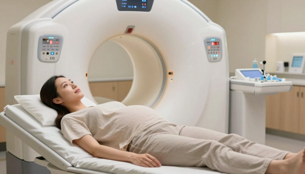 A serene and professional medical environment featuring a pregnant woman in modest, casual attire, comfortably lying on a hospital bed as she undergoes a CT scan. The foreground captures the woman with a gentle, reassuring expression, surrounded by a soft, warm light to convey a sense of safety and care. In the middle ground, a state-of-the-art CT scanner looms prominently, with its intricate details and modern design highlighted. The background showcases medical equipment and a calm, sterile environment, enhancing the clinical atmosphere. The focus should be on the procedure being performed, without displaying any disturbing elements. Overall, aim for a mood of professionalism and tranquility, emphasizing the importance of safety in prenatal imaging. A serene and professional medical environment featuring a pregnant woman in modest, casual attire, comfortably lying on a hospital bed as she undergoes a CT scan. The foreground captures the woman with a gentle, reassuring expression, surrounded by a soft, warm light to convey a sense of safety and care. In the middle ground, a state-of-the-art CT scanner looms prominently, with its intricate details and modern design highlighted. The background showcases medical equipment and a calm, sterile environment, enhancing the clinical atmosphere. The focus should be on the procedure being performed, without displaying any disturbing elements. Overall, aim for a mood of professionalism and tranquility, emphasizing the importance of safety in prenatal imaging.