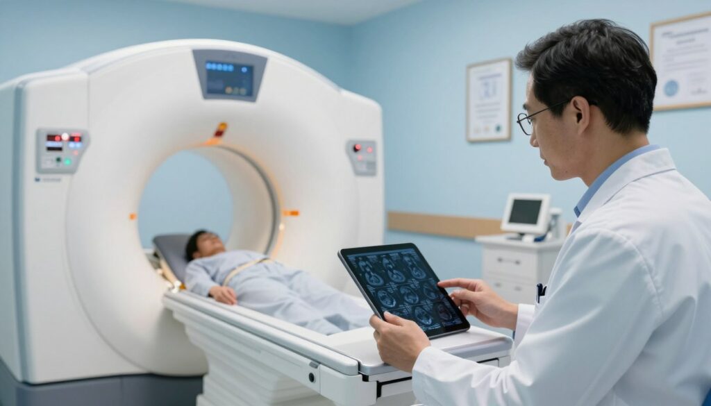 A serene and professional medical examination room focusing on patient diagnostics. In the foreground, a healthcare professional in a white coat, wearing glasses, is attentively reviewing a patient's MRI scan on a digital tablet. The middle ground features a sophisticated MRI machine with detailed technical components, emphasizing high-quality medical technology. The background showcases a soothing ambiance with soft lighting, light blue walls, and framed medical certifications, creating a sense of safety and professionalism. The atmosphere is calm and reassuring, ideal for patients seeking quality care in MRI diagnostic processes, with no text or distractions in the image.