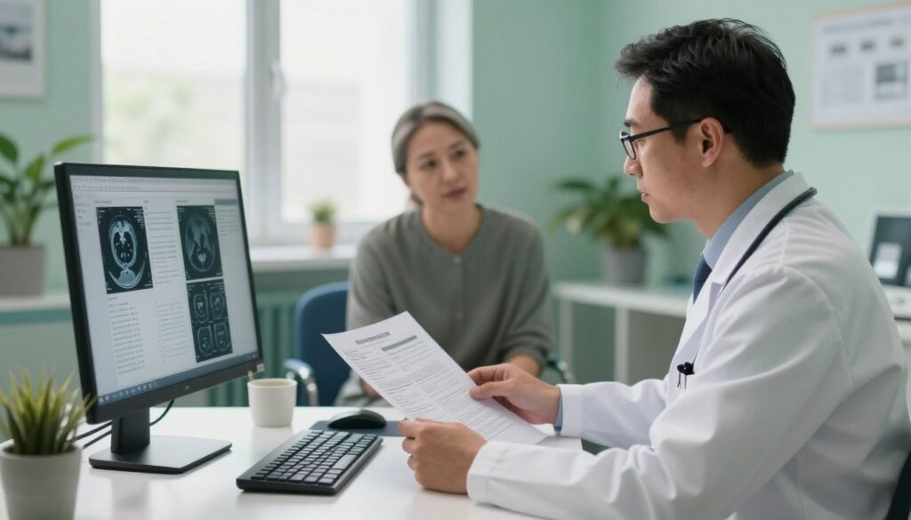 A serene and professional medical office setting, featuring a well-organized desk with a computer displaying medical charts and imaging results. In the foreground, a doctor in a crisp white lab coat, wearing glasses, reviews a printed report with attention. The middle ground shows a patient seated comfortably, exhibiting a look of patience while waiting, surrounded by calming greens and blues in the decor. In the background, a large window allows natural light to illuminate the room, creating a warm and inviting atmosphere. Soft shadows and a slight depth of field draw focus on the doctor and patient interaction. The overall mood is one of professionalism and reassurance, reflecting a typical waiting experience in Poland for MRI report assessments. A serene and professional medical office setting, featuring a well-organized desk with a computer displaying medical charts and imaging results. In the foreground, a doctor in a crisp white lab coat, wearing glasses, reviews a printed report with attention. The middle ground shows a patient seated comfortably, exhibiting a look of patience while waiting, surrounded by calming greens and blues in the decor. In the background, a large window allows natural light to illuminate the room, creating a warm and inviting atmosphere. Soft shadows and a slight depth of field draw focus on the doctor and patient interaction. The overall mood is one of professionalism and reassurance, reflecting a typical waiting experience in Poland for MRI report assessments.
