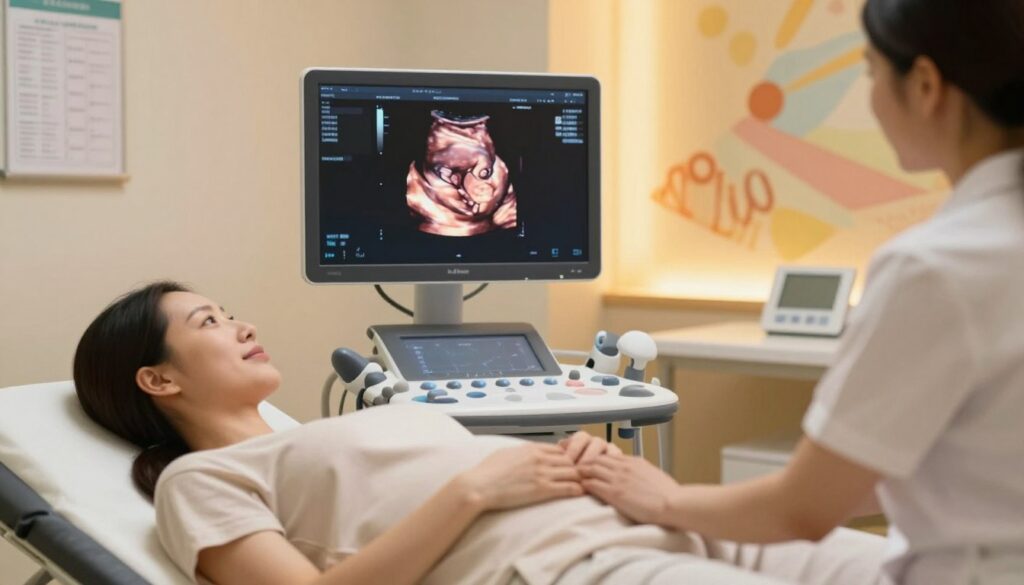 A serene and professional medical setting featuring a 3D/4D ultrasound machine in use. In the foreground, a pregnant woman in modest casual clothing, looking relaxed and excited, lies on an examination table, with a technician attentively monitoring the screen. The middle layer shows the detailed 3D/4D images displayed on the monitor, showcasing the developing fetus vibrant and lifelike, surrounded by soft hues of pastel colors. In the background, warm ambient lighting illuminates the room, creating a comforting atmosphere, with medical charts and a calming mural on the wall. The focus is on the ultrasound experience, encapsulating the anticipation of seeing the baby in great detail.