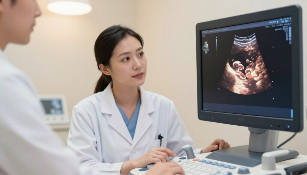A serene and professional medical setting featuring an ultrasound machine displaying the gestational age of a healthy fetus. In the foreground, a close-up view of the ultrasound screen reveals clear images of the fetus at various stages of development, highlighting key markers for gestational age. In the middle, a focused medical professional, dressed in a white lab coat, attentively examines the ultrasound results, showcasing a calm demeanor. The background is subtly blurred, with soft lighting emanating from overhead sources, creating a warm atmosphere. The overall mood is informative and reassuring, emphasizing the importance of ultrasound in pregnancy assessment. The color palette is gentle and neutral, enhancing the professionalism of the scenario.