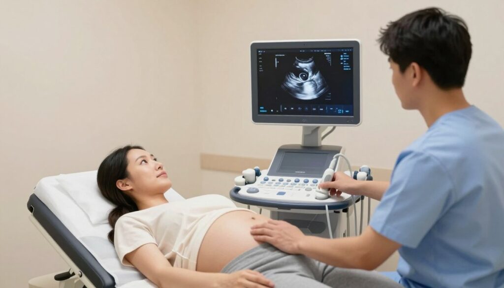 A serene and professional ultrasound examination room, focusing on a high-tech ultrasound machine displaying a clear, detailed image of a fetus in the womb on the monitor. In the foreground, a caring prenatal technician wearing scrubs carefully adjusts the ultrasound transducer. In the middle, a pregnant woman in modest, casual attire lies comfortably on an exam table, looking at the monitor with a mixture of wonder and curiosity. The background is softly lit, with soothing colors and medical equipment subtly arranged, creating a calm and reassuring atmosphere. The overall mood is one of safety and professionalism, emphasizing the comforting nature of prenatal care.