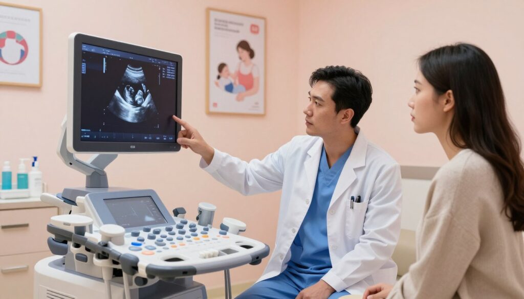 A serene and professional ultrasound examination room with soft, ambient lighting, showcasing a modern ultrasound machine in the foreground. The screen of the machine displays a 6-week pregnancy ultrasound image, but notably with an absence of a visible embryo. In the middle, a healthcare professional, dressed in a white lab coat and blue scrubs, is gently pointing at the screen, discussing with a concerned patient. The patient is wearing modest casual clothing, displaying a thoughtful expression. The background features a calming, pastel-colored wall, framed health posters, and a few medical instruments neatly arranged. The atmosphere should feel informative and compassionate, emphasizing the importance of understanding the ultrasound results. A serene and professional ultrasound examination room with soft, ambient lighting, showcasing a modern ultrasound machine in the foreground. The screen of the machine displays a 6-week pregnancy ultrasound image, but notably with an absence of a visible embryo. In the middle, a healthcare professional, dressed in a white lab coat and blue scrubs, is gently pointing at the screen, discussing with a concerned patient. The patient is wearing modest casual clothing, displaying a thoughtful expression. The background features a calming, pastel-colored wall, framed health posters, and a few medical instruments neatly arranged. The atmosphere should feel informative and compassionate, emphasizing the importance of understanding the ultrasound results.