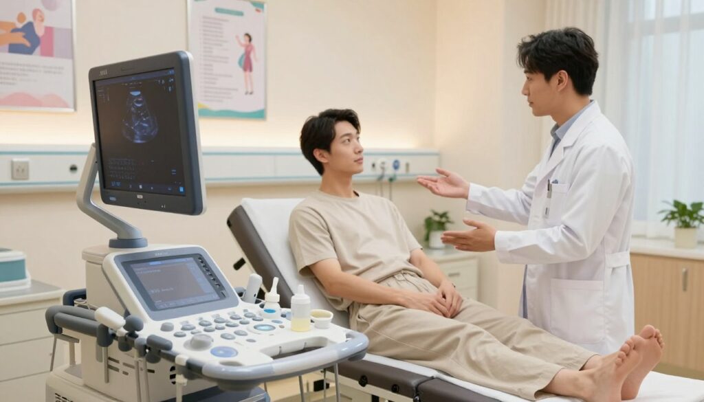 A serene and well-lit hospital room prepared for an abdominal ultrasound. In the foreground, a professional-looking ultrasound machine stands ready, with a clear gel bottle and ultrasound probe neatly placed beside it. In the middle, a person dressed in comfortable, modest clothing sits on an examination table, looking relaxed and ready for the procedure, while a healthcare professional in a white coat calmly explains the process. The background features soft, warm lighting with medical posters and calming colors that enhance the ambiance. The overall atmosphere is one of reassurance and professionalism, creating an environment conducive to patient comfort and a successful ultrasound experience.