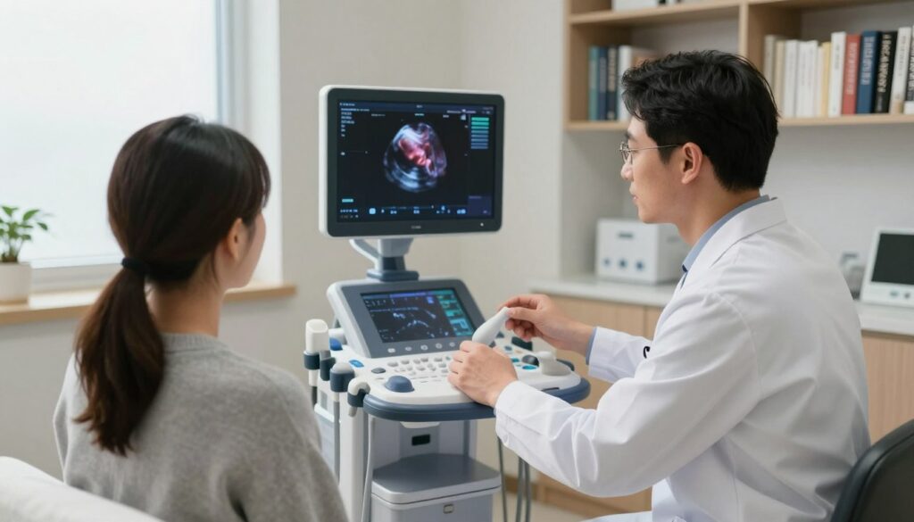 A serene, clinical examination room featuring medical equipment related to Contrast-Enhanced Ultrasound (CEUS). In the foreground, a healthcare professional in a white lab coat is attentively explaining the procedure to a patient seated on an examination table, instilling a sense of safety and reassurance. The middle section includes a high-tech ultrasound machine displaying a colorful, detailed image of an organ, emphasizing the technology involved in the CEUS procedure. Soft, natural lighting enters from a window, creating a calm and professional atmosphere. In the background, shelves are filled with medical books and equipment, reinforcing the environment's focus on patient safety and informed care. The overall mood conveys trust, professionalism, and attentiveness.