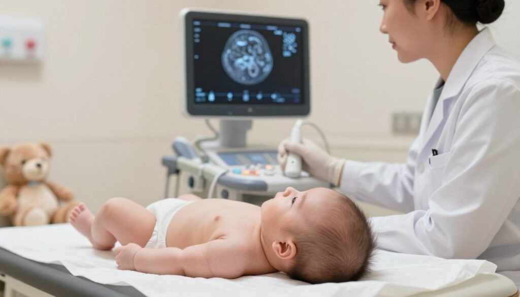 A serene clinical setting featuring a baby lying on an examination table with a healthcare professional gently performing a cranial ultrasound. The foreground includes the baby, who appears calm and relaxed, with the ultrasound probe visible near their head. The middle ground shows the healthcare professional, dressed in a neat white lab coat and wearing medical gloves, focused on the ultrasound screen displaying detailed brain images. In the background, soft, diffused lighting enhances a clean and sterile atmosphere, while medical equipment and a soft toy for comfort are subtly arranged. The overall mood is one of care and professionalism, emphasizing the importance of medical examinations in infants. The image has a warm color palette, invoking trust and safety.