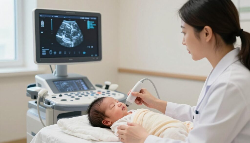 A serene clinical setting showcasing a newborn head ultrasound procedure. In the foreground, a professional female pediatrician, dressed in a white lab coat, gently guides a transducer over the soft head of a sleeping newborn, who is swaddled in a light pastel blanket. In the middle ground, a high-quality ultrasound machine displays a clear scan of the infant's brain structure, emitting a soft blue glow. The background features a softly lit, sterile medical room with muted colors, enhancing the calm atmosphere. Natural light filters in through a nearby window, creating an inviting yet professional mood. Emphasis on precision and care in the examination, highlighting the innovative technology used for this important medical procedure.