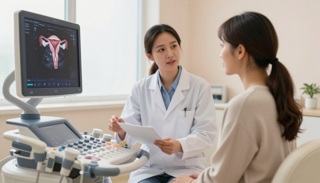 A serene gynecological clinic scene depicting a woman's menstrual cycle. In the foreground, a close-up of a modern ultrasound machine displaying a clear image of a female reproductive system. The middle ground features a caring, professional female doctor in a white lab coat discussing results with a patient dressed in modest casual attire, conveying a sense of trust and comfort. The background shows soft, natural lighting filtering through large windows, creating a calm atmosphere with pastel-colored walls. The overall mood is informative and supportive, emphasizing a holistic approach to women's health and the importance of timing in the menstrual cycle.