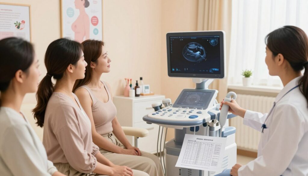 A serene healthcare setting with a focus on the importance of breast ultrasound screenings. In the foreground, a diverse group of women of varying ages, dressed in professional attire, are engaging in a discussion with a healthcare professional, who is demonstrating the ultrasound machine. The middle layer features a well-lit examination room with a medical ultrasound machine, a transducer, and printed charts displaying age-based screening recommendations. The background showcases calming pastel colors on the walls, framed health posters, and soft medical tools organized neatly. Natural light floods the room, creating a warm and inviting atmosphere, emphasizing the positive impact of preventive healthcare. The overall mood is encouraging and informative, promoting awareness and proactive health measures suitable for all ages.