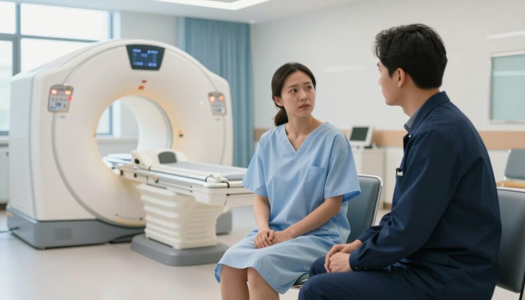 A serene hospital environment showcasing a well-organized waiting area for patients preparing for an MRI scan. In the foreground, a patient, dressed in a modest hospital gown and sitting comfortably on a chair, appears calm and composed, with a concerned expression as they consult with a healthcare professional in a smart, professional outfit. In the middle ground, a modern MRI machine is visible, with soft lighting highlighting its sleek design. The background includes soothing blue and white decor, promoting a sense of tranquility. Natural light from large windows adds warmth to the scene, creating a clean, welcoming atmosphere while conveying the importance of planning transport after the medical procedure. The overall mood is one of reassurance and professionalism.