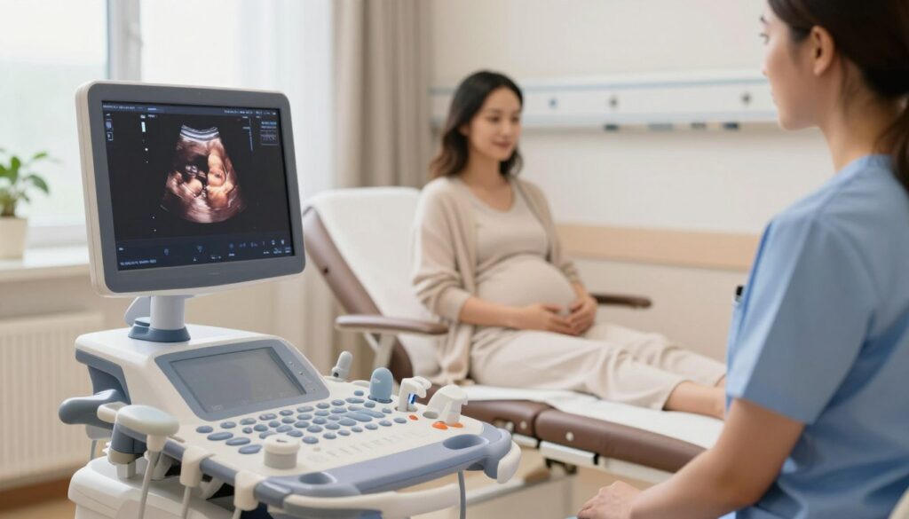 A serene hospital examination room featuring a healthcare professional, dressed in scrubs, preparing for an early pregnancy ultrasound. In the foreground, a sleek ultrasound machine is prominently displayed, with its screen showing a clear, detailed image of a developing fetus. The middle ground includes a comfortable examination table, equipped with soft linens, and a chair for the expectant mother, who is in modest casual clothing. The background showcases soothing colors and natural light filtering through a window, creating a calm atmosphere. The setting conveys a sense of professionalism and care, emphasizing the importance of this moment in prenatal health. The image should be captured with a soft focus lens to enhance warmth and approachability. A serene hospital examination room featuring a healthcare professional, dressed in scrubs, preparing for an early pregnancy ultrasound. In the foreground, a sleek ultrasound machine is prominently displayed, with its screen showing a clear, detailed image of a developing fetus. The middle ground includes a comfortable examination table, equipped with soft linens, and a chair for the expectant mother, who is in modest casual clothing. The background showcases soothing colors and natural light filtering through a window, creating a calm atmosphere. The setting conveys a sense of professionalism and care, emphasizing the importance of this moment in prenatal health. The image should be captured with a soft focus lens to enhance warmth and approachability.