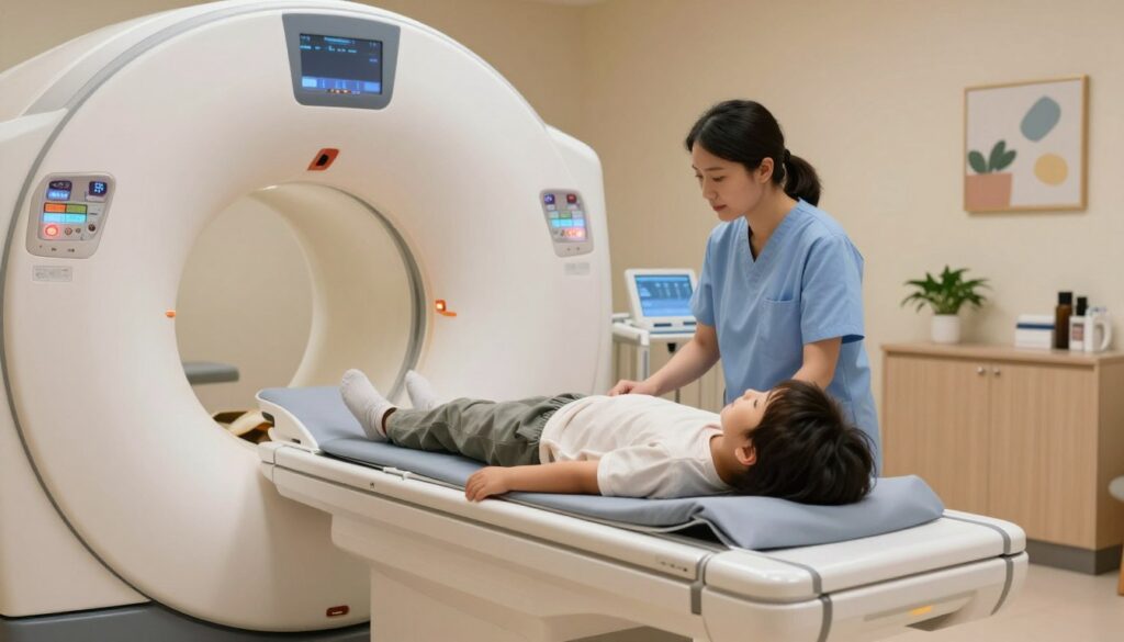 A serene hospital examination room showcasing a modern MRI scanner in the foreground, emphasizing patient comfort. A young child, wearing modest casual clothing, is lying on the scanner, appearing relaxed, with a gentle technician nearby, offering reassurance. In the middle ground, soft ambient lighting illuminates the scene, creating a calm atmosphere, while tools and medical equipment are neatly organized. The background features soothing colors on the walls and a few decorative elements, such as artwork or potted plants, to further enhance comfort. Soft shadows enhance the depth of the room, and a slight depth of field focuses on the child, conveying a sense of safety and tranquility during an MRI procedure.