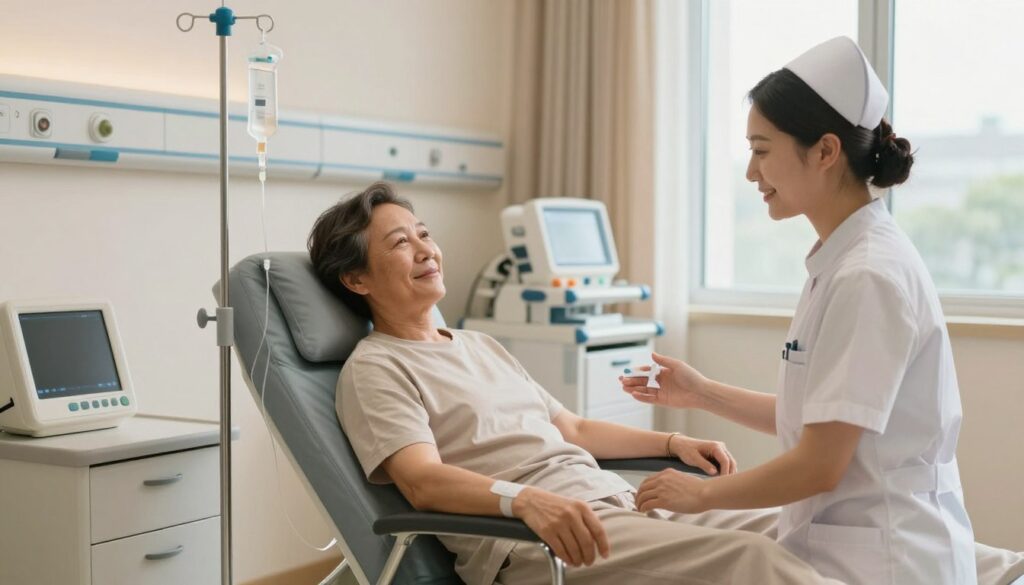 A serene hospital observation room after a medical procedure. In the foreground, a nurse in professional attire attentively monitors a patient receiving hydration through an IV drip, with a reassuring smile. The middle ground features the patient, a middle-aged individual, relaxed in a reclining chair, looking relieved and content. Soft, warm lighting fills the room, creating a calm atmosphere. In the background, medical equipment is neatly arranged, and a large window allows natural light to filter in, suggesting a sense of renewal and recovery. The overall mood is one of comfort and care, emphasizing a smooth transition back to normalcy after a medical examination with contrast.