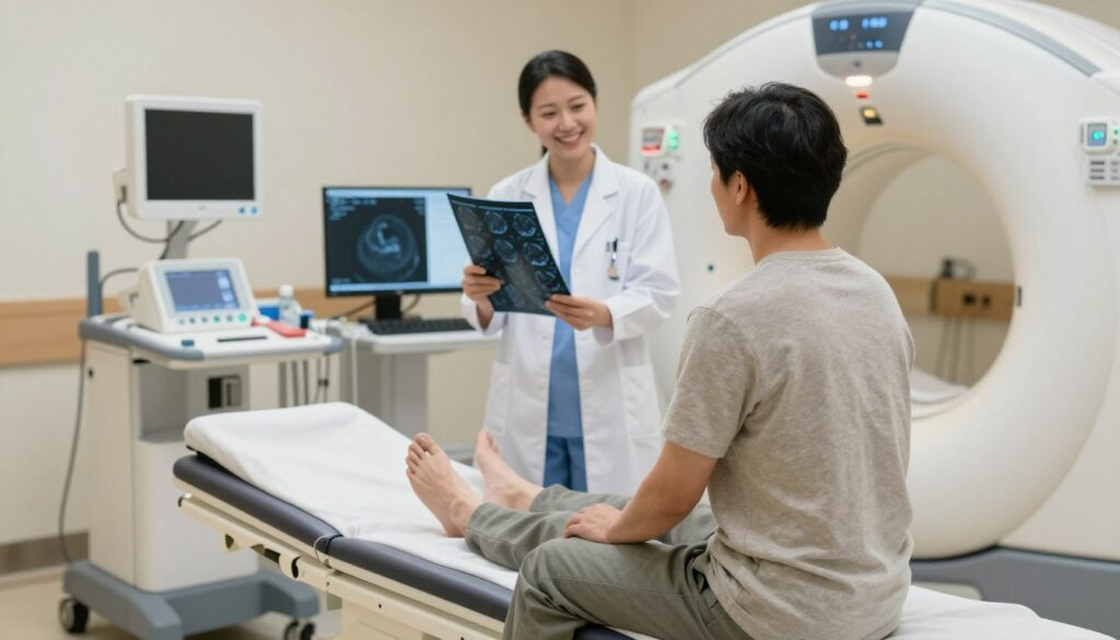 A serene hospital room, with a comfortable examination table at the forefront, where a patient in modest, casual clothing is seated, appearing calm after a CT scan. In the background, a healthcare professional in a lab coat, smiling reassuringly, reviews the patient's scan results on a computer screen. Soft, diffused lighting creates an inviting atmosphere, emphasizing a sense of care and attention. The room is equipped with medical equipment such as a CT scanner and monitoring devices, contributing to the clinical yet comforting environment. The angle captures both the patient and the healthcare professional, highlighting the interaction. The overall mood is positive and supportive, illustrating the observational aspect after the examination.
