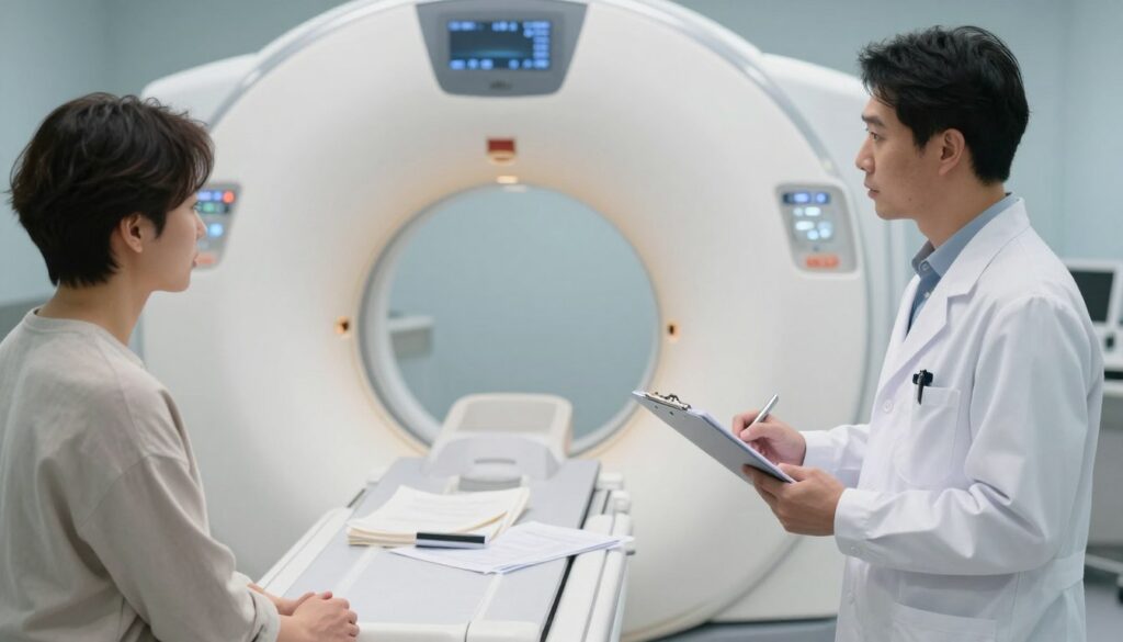 A serene hospital setting prepares for a head MRI examination. In the foreground, a professional dressed in a white lab coat stands, holding a clipboard, offering guidance to a patient. The patient, dressed in comfortable but modest clothing, looks attentive, with a slight sense of apprehension. In the middle ground, an MRI machine is prominently displayed, with its sleek, modern design reflecting soft, clinical lighting. Various documents and personal items are neatly organized on a nearby table, hinting at the preparation process. In the background, calming blue and white colors create a tranquil atmosphere, enhancing the sense of care and professionalism. The image is captured with a shallow depth of field, focusing on the subject while softly blurring the background.