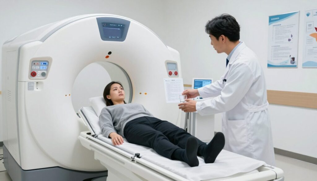 A serene hospital setting with a modern MRI machine in focus, demonstrating preparation for a contrast MRI scan. In the foreground, a healthcare professional dressed in a white lab coat is explaining the procedure to a patient sitting on an examination bed, looking attentive and slightly anxious. The middle ground features a medical chart and a glass of water, symbolizing hydration advice. Soft, diffused lighting creates a calming atmosphere, while the sterile, clean white walls of the radiology room emphasize professionalism. In the background, medical equipment and informative posters about MRI procedures subtly enhance the context without distraction. The overall mood is reassuring and informative, highlighting the importance of preparation for an MRI with contrast.
