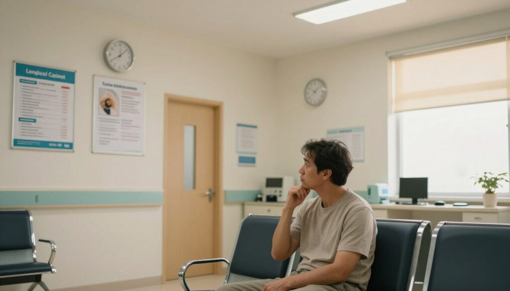 A serene hospital waiting room with a focus on a patient sitting in comfortable, modest attire. The foreground features the patient looking thoughtfully at a clock on the wall, which indicates waiting time. In the middle, there are medical posters and pamphlets about MRI procedures and results hanging on the walls, adding context. The background shows a radiologist's office with a closed door and a window that lets in warm, natural light, creating a calm atmosphere. The lighting is soft and inviting, emphasizing the patient’s expression of anticipation and slight anxiety. The composition conveys a mood of hope and patience while waiting for crucial medical results.