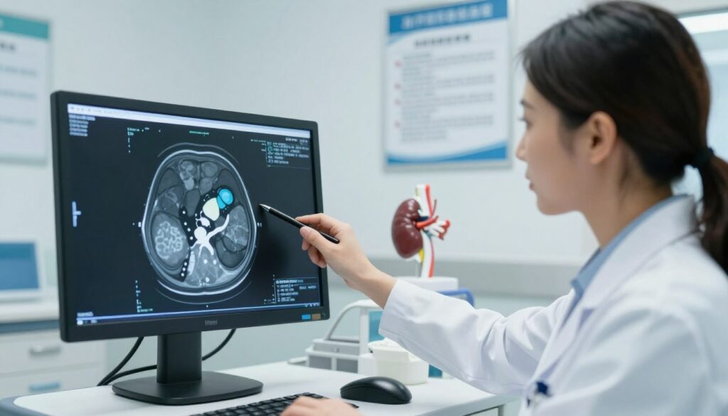 A serene medical environment showcasing a contrast-enhanced CT scan of a kidney. In the foreground, a digital display shows a detailed kidney scan with highlighted areas indicating potential contraindications and concerns for patient safety. In the middle ground, a healthcare professional, dressed in a white lab coat, examines the scan with a thoughtful expression, using a pen to point at critical areas on the screen. The background features a clean, well-lit radiology room with medical equipment, an anatomical model of the kidney, and informative posters about safety protocols. Soft, diffused lighting creates a calm and professional atmosphere, emphasizing the importance of patient safety and awareness in medical imaging.