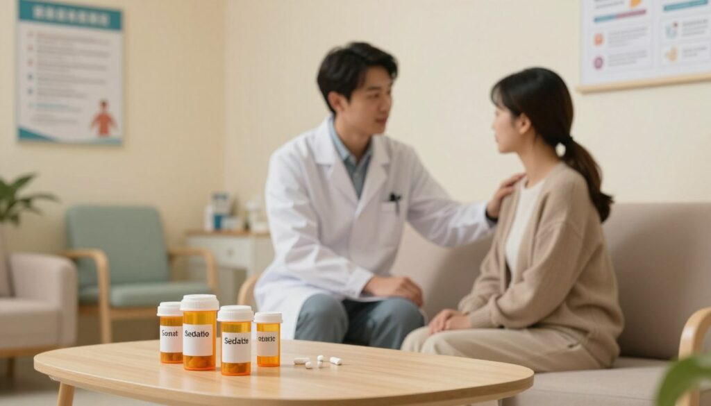 A serene medical environment with a focus on a calm waiting area. In the foreground, a neatly arranged table displays prescription bottles labeled with calming medications, such as sedatives and anxiolytics. In the middle, a healthcare professional stands in professional attire, gently advising a patient sitting on a comfortable chair, conveying a sense of reassurance. The background features a softly lit clinic with soothing colors, where posters about sedation protocols and patient safety guidelines are subtly visible. The lighting is warm and inviting, creating a tranquil atmosphere. Use a shallow depth of field to blur the background slightly, emphasizing the interaction between the healthcare professional and the patient. The mood is calm, informative, and supportive.