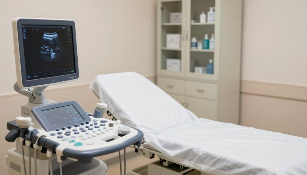 A serene medical examination room, emphasizing professionalism and comfort. In the foreground, a gynecological ultrasound machine with a clear, modern display, ready for use. In the middle, a well-lit examination table draped in clean white linens, conveying a sense of care and hygiene. Behind the table, a soft-focus medical cabinet filled with neatly arranged medical supplies. The atmosphere is calm and reassuring, with soft, diffused lighting to create a warm, inviting environment. The image captures a sense of medical professionalism, with all elements arranged to illustrate the topic of pelvic ultrasound procedures, without any people present, ensuring a strictly professional and SFW composition.