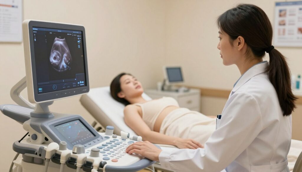A serene medical examination room featuring a breast ultrasound setup. In the foreground, a professional female doctor in modest, professional attire is gently preparing the ultrasound machine, focusing on the display screen showing a clear, accurate image of breast tissue. The middle ground includes a patient lying comfortably on an examination table, draped modestly with a soft medical gown, projecting a sense of calm and trust. In the background, soft, diffused lighting creates a warm atmosphere, with neutral-colored walls and medical charts discreetly displayed. The angle captures the interaction between the doctor and patient, highlighting the importance of regular breast ultrasounds for preventive healthcare, especially during different life cycles such as menstruation, pregnancy, and breastfeeding.