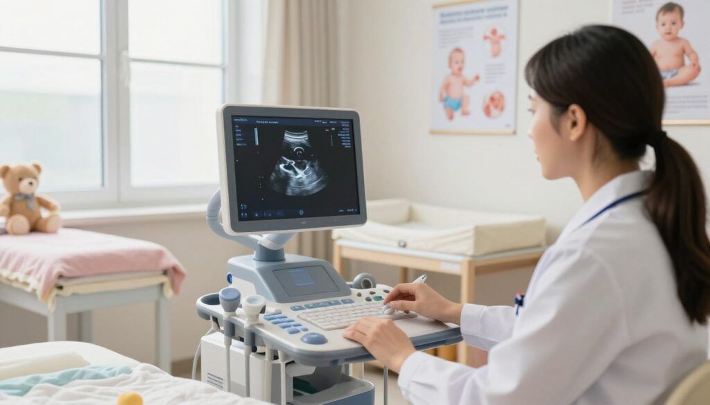 A serene medical examination room featuring a pediatric ultrasound machine, gently lit by soft, natural daylight streaming through a window. In the foreground, a focused pediatrician in professional attire examines an ultrasound screen displaying a clear image of a baby's hip joint. The middle ground highlights a cozy changing table with pastel-colored blankets and plush toys, conveying a welcoming atmosphere for infants. In the background, a wall adorned with educational posters about child health, emphasizing the importance of hip examinations in infants. The overall mood is calm and reassuring, suitable for a medical setting, encouraging trust and comfort for parents and their babies.