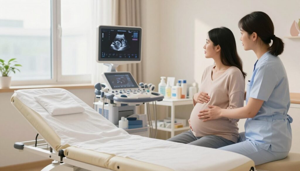 A serene medical examination room focused on preparing for a third trimester prenatal ultrasound. In the foreground, a comfortable examination table with clean white linens, surrounded by soft pastel colors. A healthcare professional in a smart outfit, gently guiding a pregnant woman in modest casual clothing, who appears calm and ready. The middle layer includes an ultrasound machine with a glowing screen displaying a fetal image and various medical supplies neatly arranged on a nearby table. The background features a large window with natural light streaming in, giving a warm and welcoming atmosphere. Soft shadows and gentle lighting create a peaceful mood, emphasizing the anticipation of the prenatal examination experience.