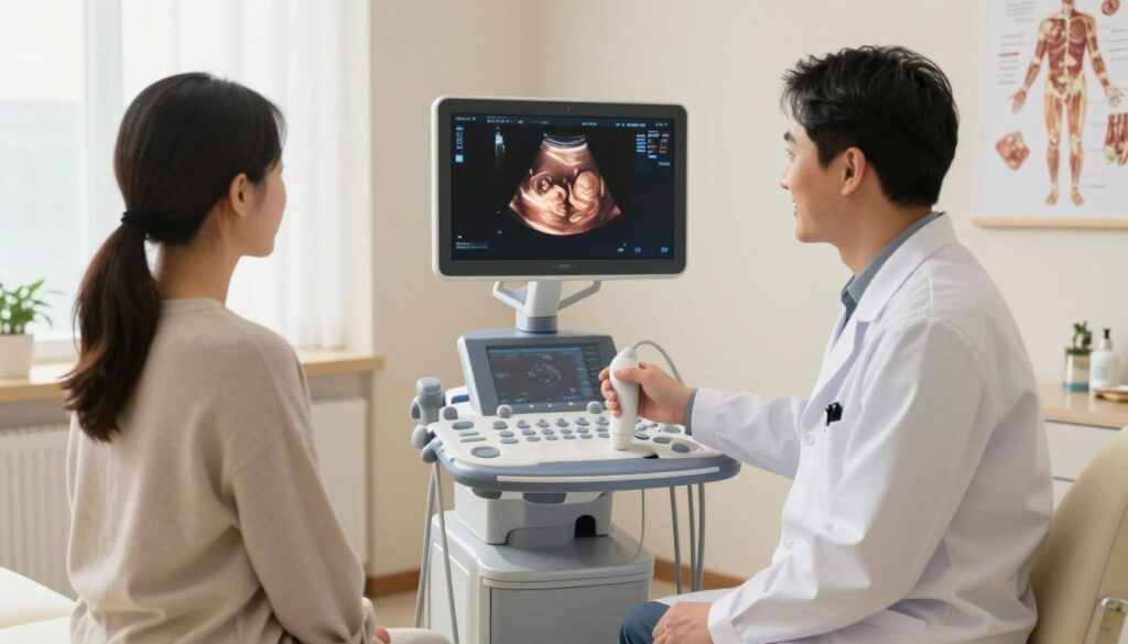 A serene medical examination room focusing on a step-by-step ultrasound procedure. In the foreground, a friendly doctor in professional attire, holding a transducer, is explaining the process to a calm and well-dressed patient seated on the examination table. The middle ground features an ultrasound machine with a clear screen displaying a 3D image of a developing fetus, highlighting the clarity and detail of the scan. The background shows soft, natural lighting filtering through a window, creating a warm atmosphere, with anatomical posters and medical charts adorning the walls. The overall mood is informative and reassuring, emphasizing the importance of communication between patient and healthcare provider during the examination.