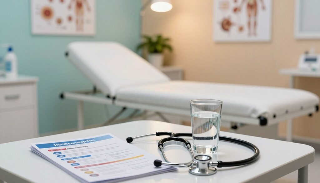 A serene medical examination room with a professional atmosphere, highlighting the preparation for a medical procedure. In the foreground, a neatly arranged table with informational brochures on alcohol consumption guidelines, a glass of water, and a stethoscope. In the middle, a crisp white examination bed with clean linens, subtly reflecting clinical care. The background features soft lighting from overhead lamps, illuminating anatomical charts and a potted plant for a touch of warmth. The walls are painted in calming colors, supporting a soothing environment. The overall mood is clinical yet inviting, emphasizing the importance of preparation for health assessments.