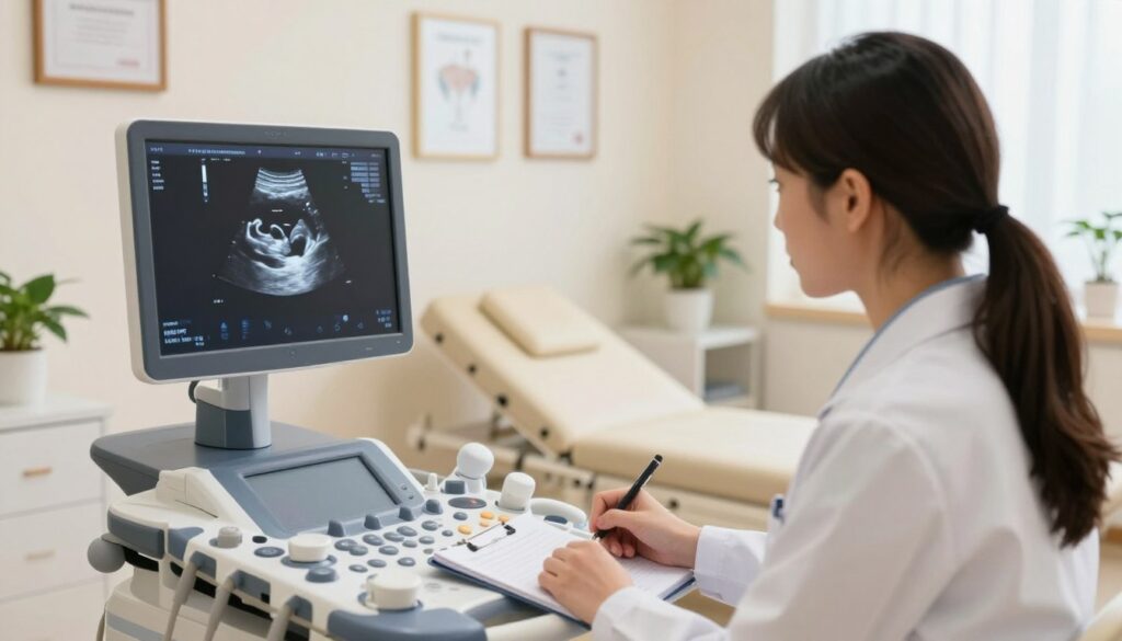 A serene medical imaging room featuring a detailed ultrasound machine displaying a 13-week pregnancy ultrasound image, showing a developing fetus. In the foreground, a healthcare professional in a white coat is focused intently on the screen, taking notes. In the middle, there's a comfortable examination table with soft lighting to create a calming atmosphere. The background should include framed medical certificates and a potted plant to add warmth to the room. The lighting is soft and natural, giving a reassuring feel to the scene, while the angle captures the interaction between the doctor and the ultrasound display, emphasizing professionalism and care in prenatal health assessments. Bright yet soft colors enhance the mood of hope and anticipation. A serene medical imaging room featuring a detailed ultrasound machine displaying a 13-week pregnancy ultrasound image, showing a developing fetus. In the foreground, a healthcare professional in a white coat is focused intently on the screen, taking notes. In the middle, there's a comfortable examination table with soft lighting to create a calming atmosphere. The background should include framed medical certificates and a potted plant to add warmth to the room. The lighting is soft and natural, giving a reassuring feel to the scene, while the angle captures the interaction between the doctor and the ultrasound display, emphasizing professionalism and care in prenatal health assessments. Bright yet soft colors enhance the mood of hope and anticipation.