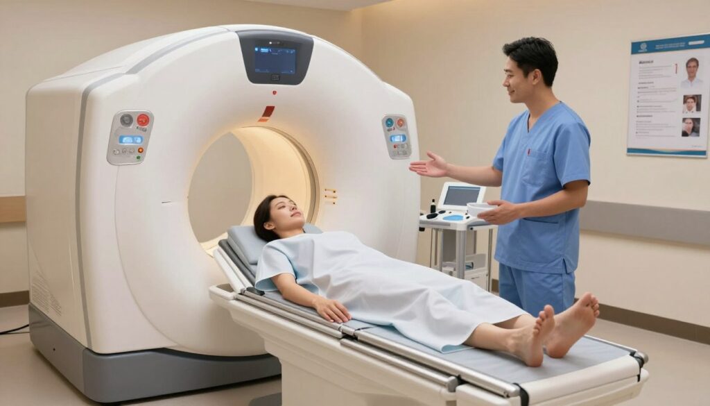A serene medical imaging room showcasing a modern MRI machine designed for shoulder examinations. In the foreground, a patient, dressed in a modest hospital gown, is comfortably positioned on the MRI bed, looking relaxed and calm. A technician in professional scrubs stands nearby, explaining the procedure with a reassuring smile. In the middle background, the sleek white and gray MRI machine looms, illuminated by soft, warm lighting, highlighting its advanced technology. The setting features clean, organized medical equipment, and posters about MRI procedures on the walls. The atmosphere is tranquil and reassuring, conveying professionalism and care, evoking a sense of safety in a clinical environment.