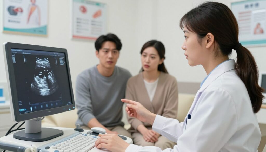 A serene medical office environment featuring a female obstetrician in professional attire, examining an ultrasound scan. The foreground includes a close-up of the ultrasound monitor displaying a clear image of a developing fetus at 16 weeks gestation, showcasing its features. The middle layer captures the doctor attentively explaining the scan to a couple seated nearby, expressing curiosity and concern, with a calm demeanor. The background displays soft lighting, emphasizing the sterile and welcoming ambiance of the clinic, with medical posters on the walls. The composition should evoke a sense of reassurance and professionalism, highlighting the importance of prenatal care and medical discussions.